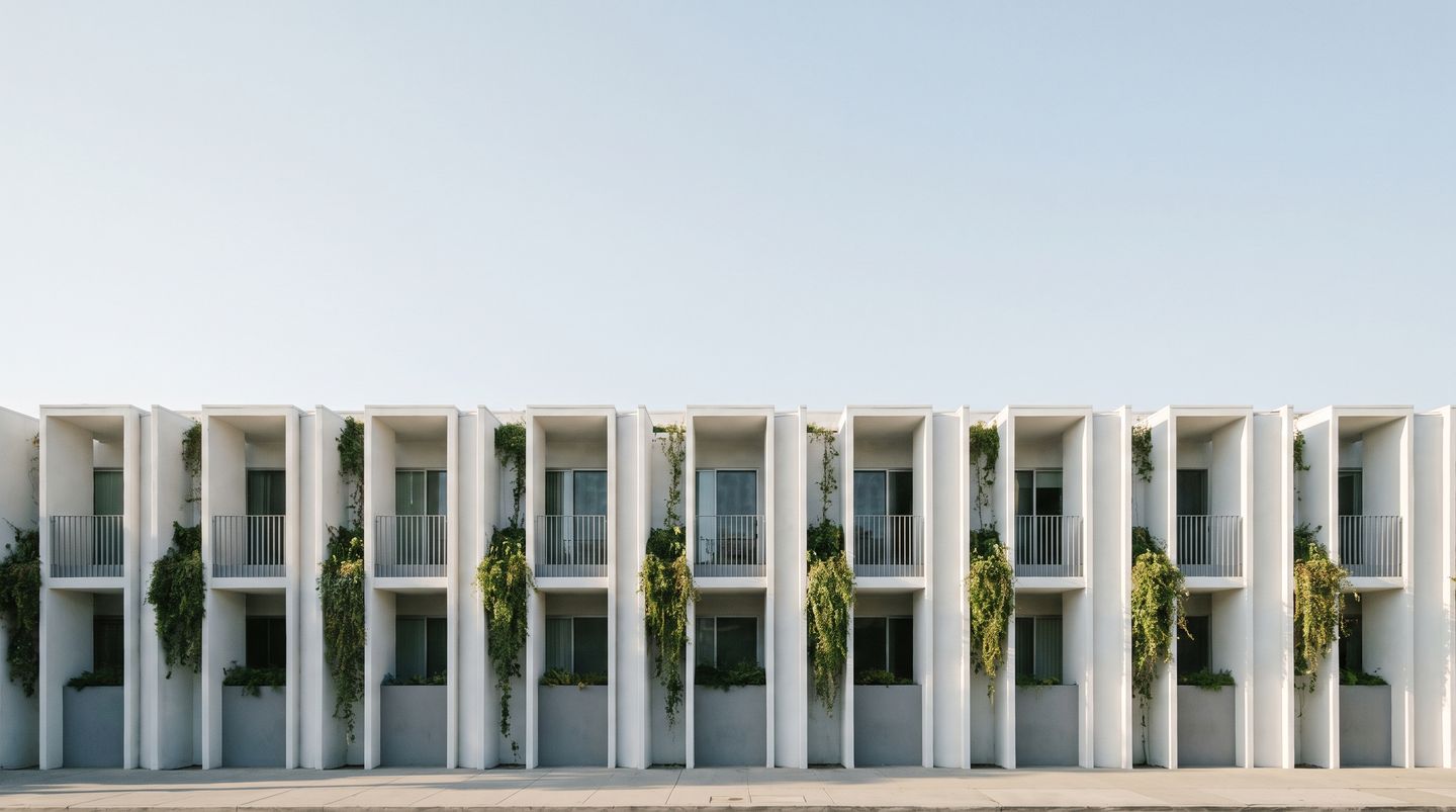 A modern residential facade with cascading greenery under a pale sky